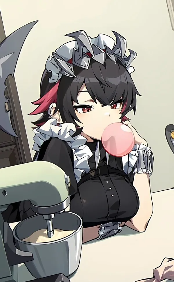 Ảnh ellen joe chibi có một người phụ nữ đang ngồi bàn với tách cà phê