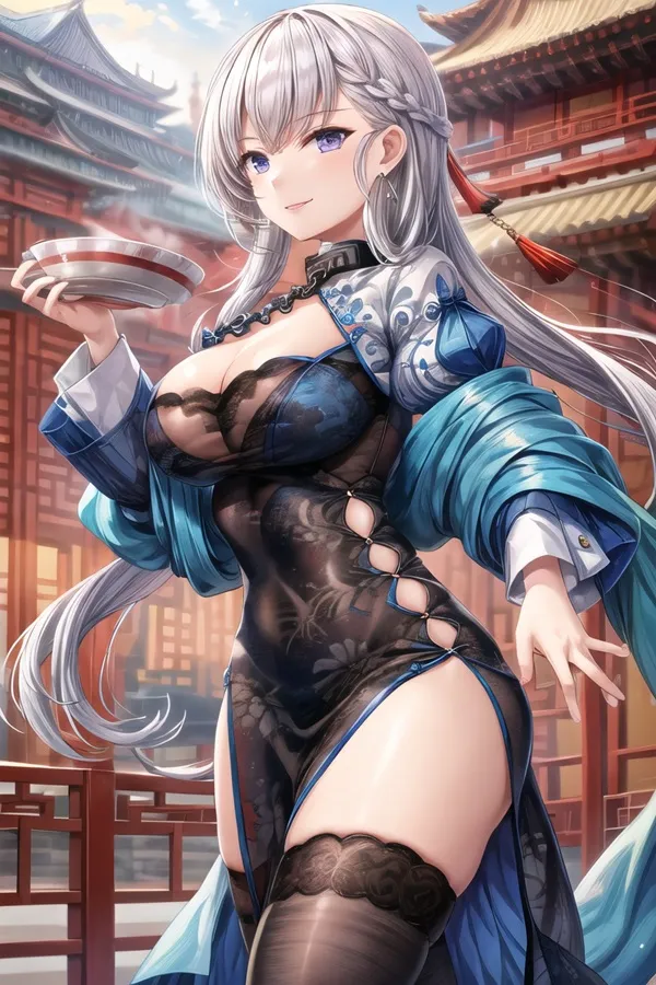 Ảnh azur lane hentai bức tranh kỹ thuật số của một người phụ nữ có mái tóc trắng dài trong chiếc váy màu xanh