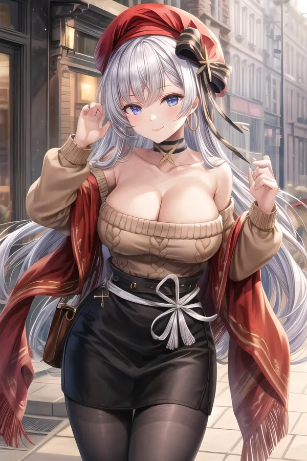 Ảnh azur lane hentai cô gái anime với mái tóc trắng dài và chiếc mũ đỏ đi trên phố