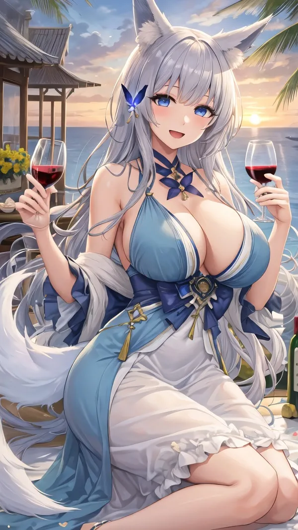 Ảnh azur lane hentai có một người phụ nữ ngồi trên bãi biển với ly rượu
