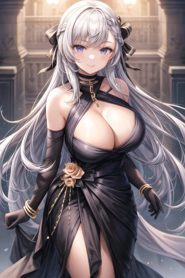 Ảnh game azur lane hentai hình một người phụ nữ có mái tóc trắng dài trong chiếc váy đen