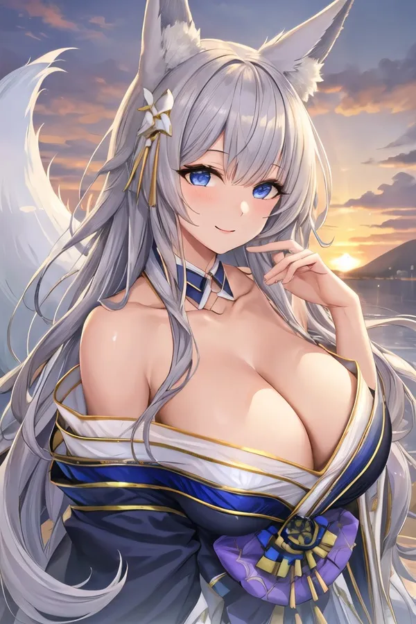Ảnh game azur lane hentai hình một người phụ nữ có mái tóc dài màu xám và đôi mắt xanh