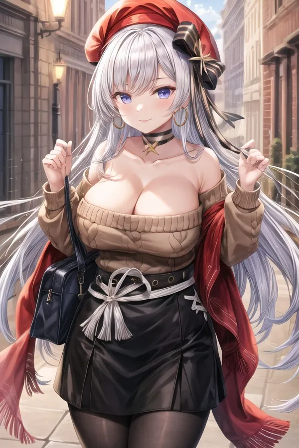 Ảnh game azur lane hentai người phụ nữ có mái tóc trắng dài đội mũ đỏ và váy đen