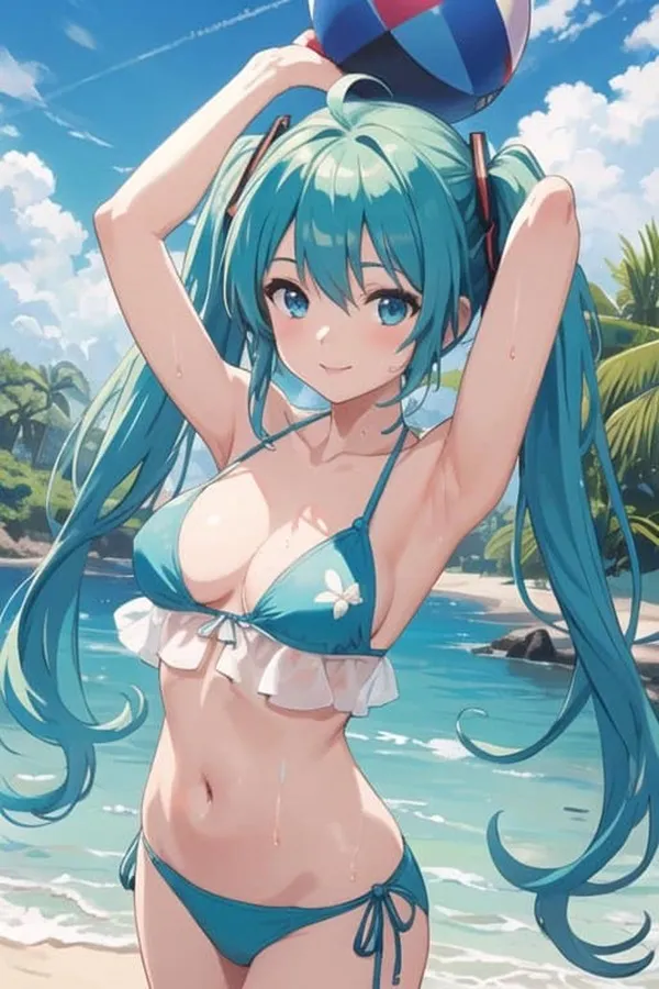 Ảnh hatsune miku hiếm một cô gái anime mặc bikini với quả bóng bãi biển trên đầu