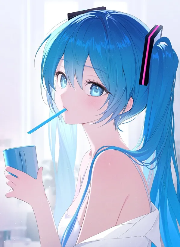 Ảnh sex hatsune miku có một cô gái với mái tóc xanh uống từ cốc