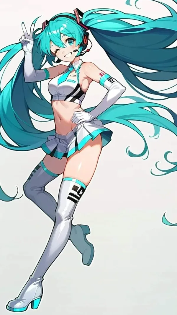 Ảnh hatsune miku cosplay có một cô gái anime với mái tóc dài màu xanh và tai nghe
