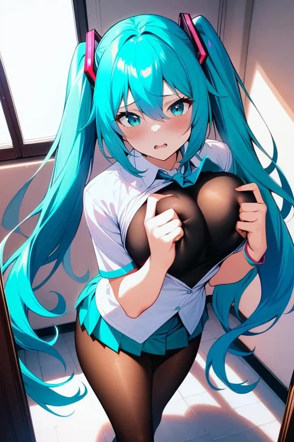 Ảnh hatsune miku cosplay có một người phụ nữ mái tóc dài màu xanh dương tạo ra trước gương