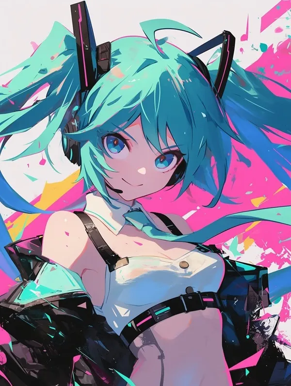 Hình ảnh hatsune miku đẹp nhất một người phụ nữ có mái tóc xanh và quần áo đen đứng trước nền màu hồng