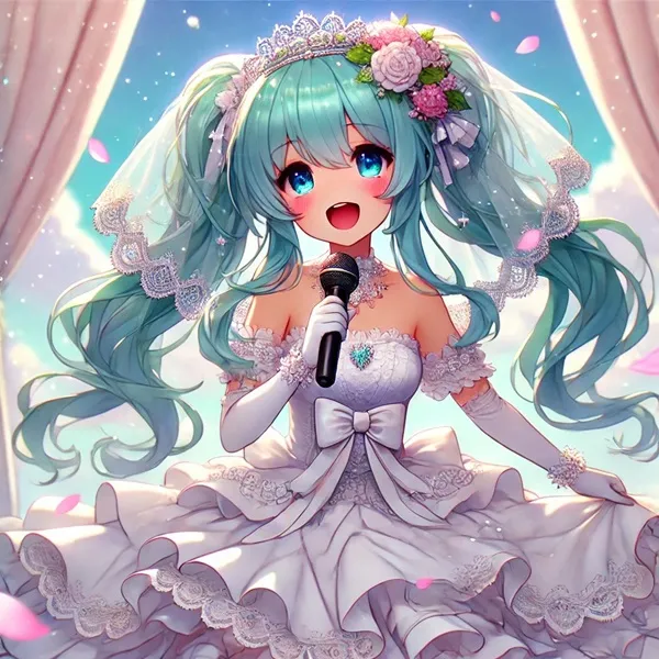 Ảnh hatsune miku cosplay một hình của người phụ nữ mặc váy cưới hát thành micro