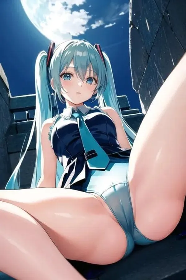 Hình ảnh hatsune miku đẹp nhất có một người phụ nữ mái tóc dài màu xanh đang ngồi trên gờ
