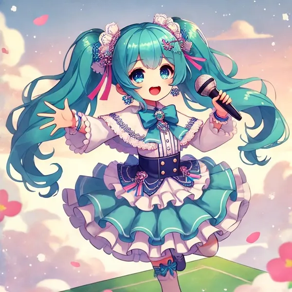 Ảnh hatsune miku hiếm một cô gái anime với mái tóc xanh và micro trong tay