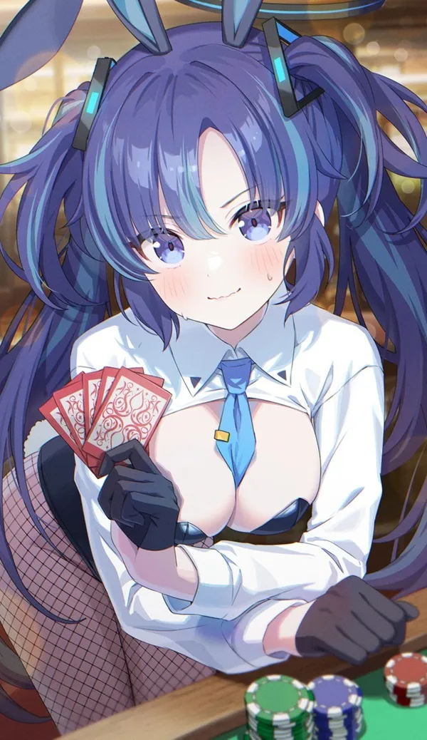 Ảnh hayase yuuka hentai cô gái anime với mái tóc xanh cầm thẻ và chơi bài xì phé