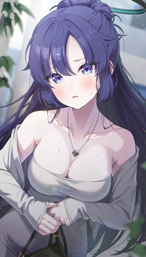 Ảnh hayase yuuka hentai có một người phụ nữ mái tóc dài màu tím cầm ví