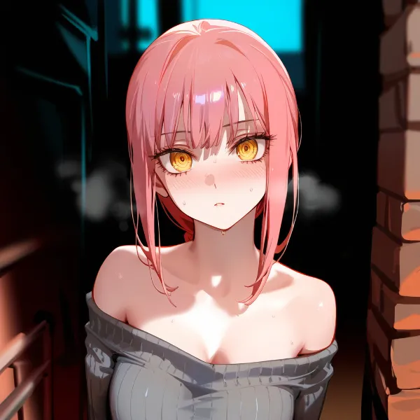 Ảnh makima hentai cô gái có mái tóc hồng và đôi mắt vàng đứng trước bức tường gạch