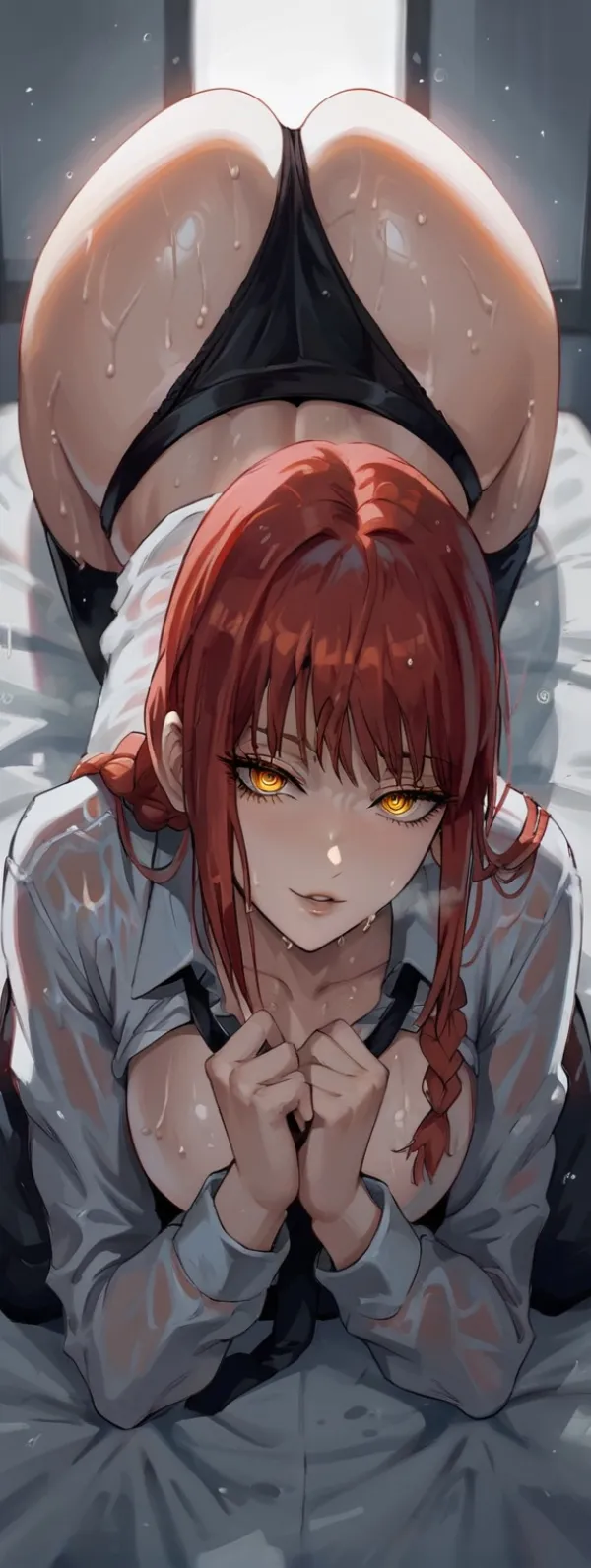 Ảnh makima hentai người phụ nữ tóc đỏ nằm trên giường với hai tay ngực