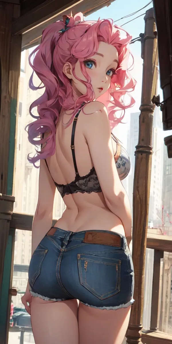 Ảnh seraphine hentai có một người phụ nữ mái tóc hồng và quần jean màu xanh đứng trên ban công
