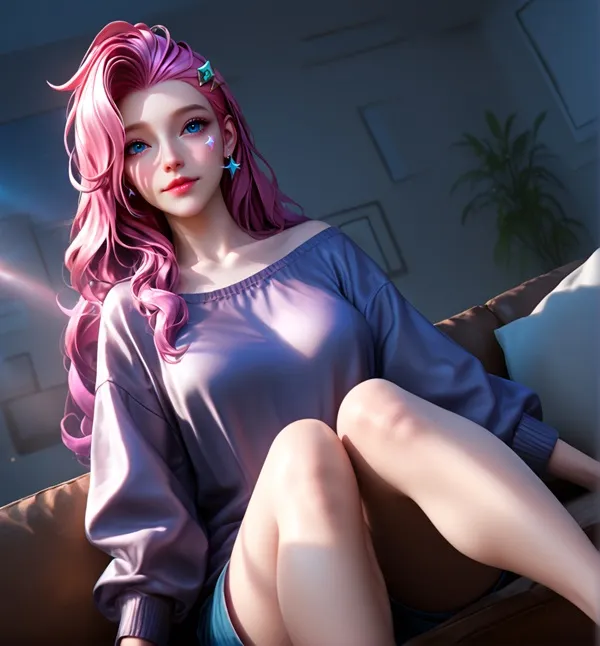 Ảnh hentai seraphine cô gái anime với mái tóc hồng ngồi trên ghế dài trong phòng khách