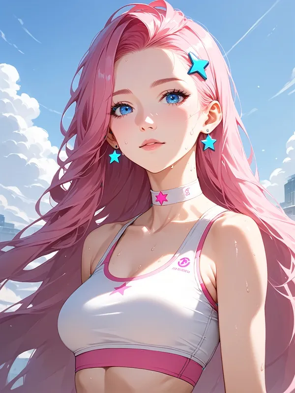 Ảnh seraphine sexy cô gái anime với mái tóc hồng và đôi mắt xanh đứng trước núi