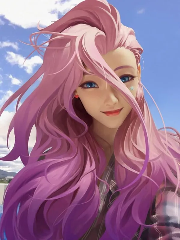 Ảnh hentai seraphine lol hình một người phụ nữ có mái tóc dài màu hồng và đôi mắt xanh