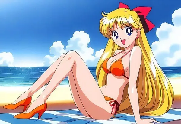 Ảnh hino rei chibi một người phụ nữ mặc bikini ngồi trên bãi biển bên cạnh đại dương