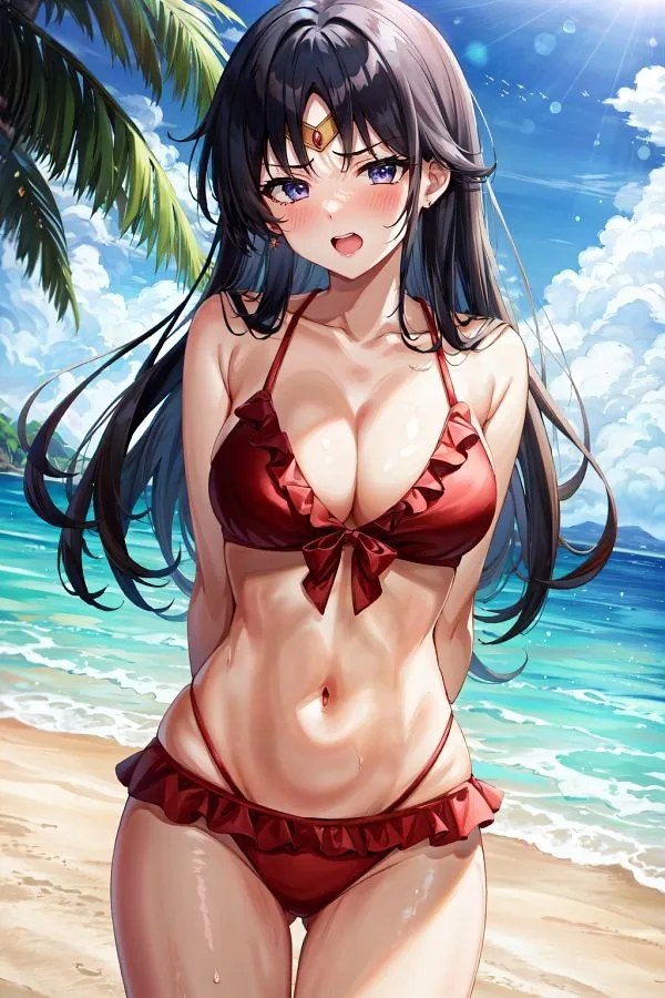 Ảnh hino rei sexy một người phụ nữ mặc bikini đứng trên bãi biển bên cạnh cây cọ