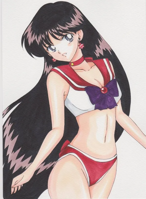 Ảnh hino rei chibi minh họa bản vẽ của một người phụ nữ có mái tóc dài mặc bikini