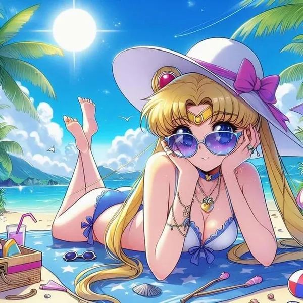 Ảnh hino rei sexy cô gái thủy thủ nằm trên bãi biển với một chiếc mũ và kính râm