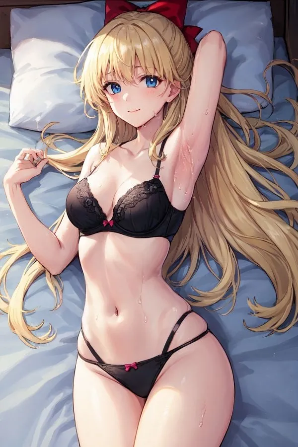 Hình ảnh hino rei cô gái anime gợi cảm trong đồ lót nằm trên giường với tấm trải màu xanh