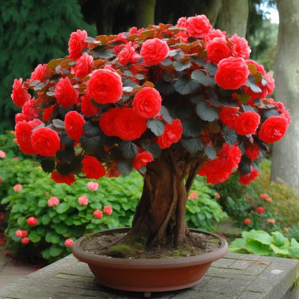 một cây bon với hoa màu đỏ trong nồi ảnh hoa hải đường