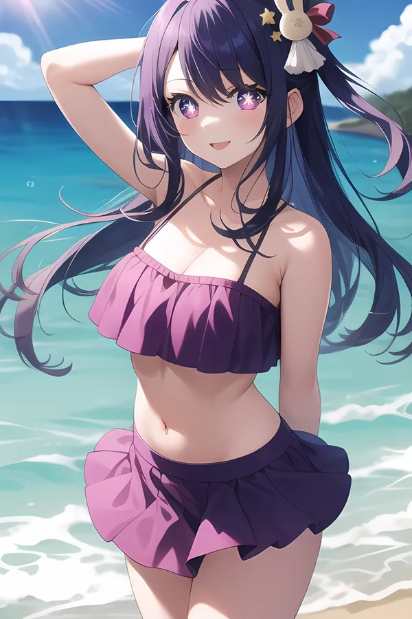Ảnh hoshino ai hentai cô gái anime mặc đồ bơi màu tím trên bãi biển với mặt trời trong nền