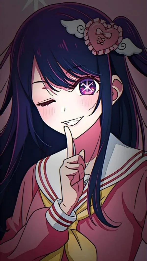 Ảnh hoshino ai hentai hình minh họa của một cô gái với mái tóc đen dài mặc váy màu hồng và bông hoa trên