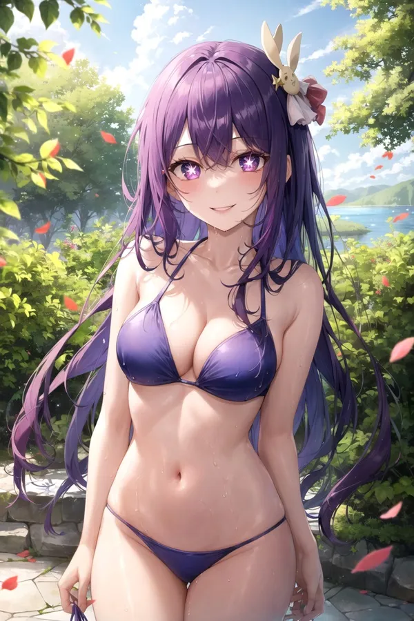 Ảnh hoshino ai hentai cô gái anime tóc màu tím trong bộ bikini tạo dáng vườn