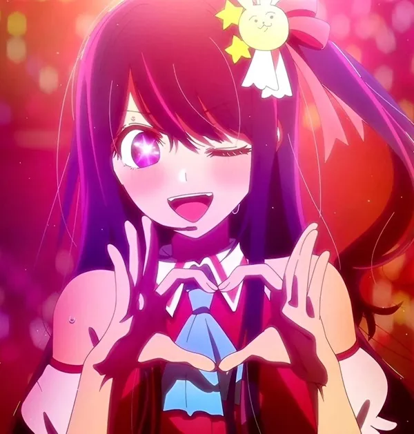 Hoshino ai bikini cô gái anime làm trái tim bằng hai bàn tay trước mặt