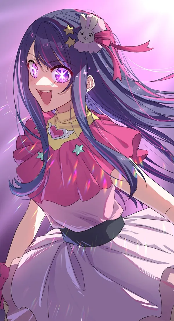 Hoshino ai cute có một cô gái anime với mái tóc dài màu tím mặc chiếc váy hồng