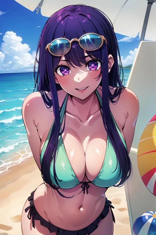 Hoshino ai cute có một người phụ nữ mặc bikini và kính râm trên bãi biển