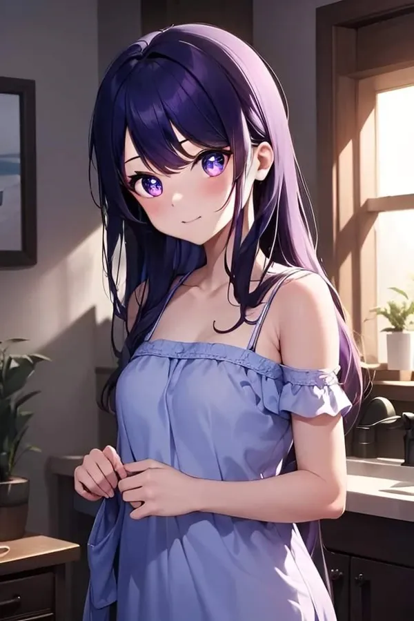 Hoshino ai hentai có một người phụ nữ mái tóc dài màu tím đứng trước cửa sổ