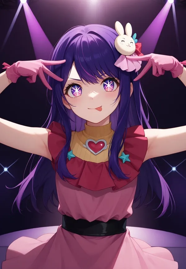Hoshino ai hentai một cô gái anime với mái tóc màu tím mặc chiếc váy hồng và găng tay