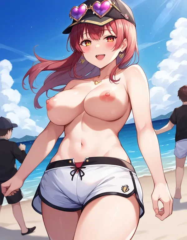 Ảnh houshou marine hentai cô gái anime gợi cảm với bộ ngực lớn đi trên bãi biển