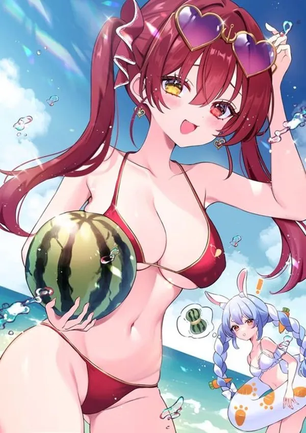 Houshou marine bikini hình ảnh anime của một người phụ nữ mặc với dưa hấu