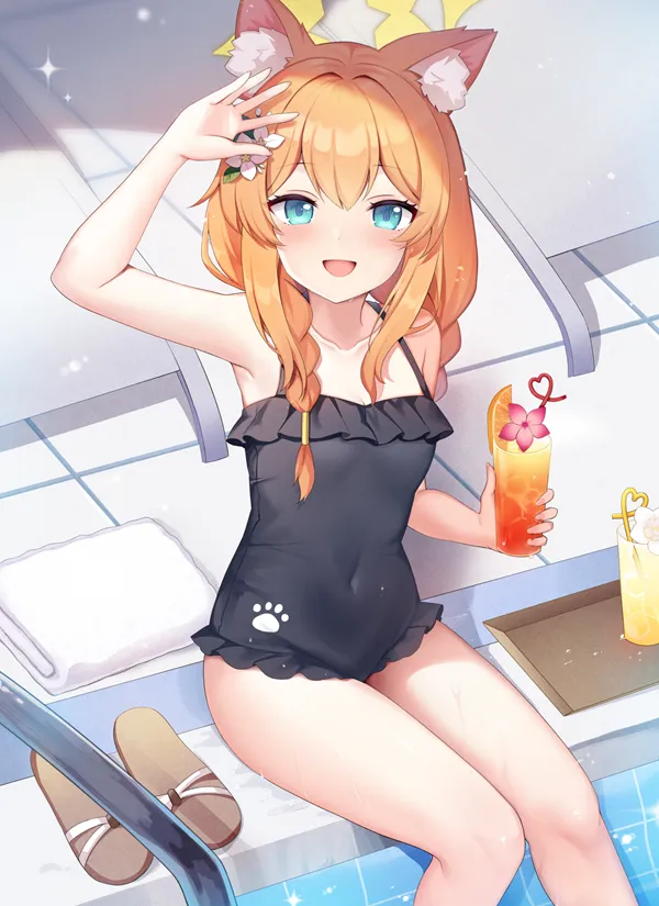 Ảnh iochi mari bikini cô gái anime trong bộ đồ tắm ngồi trên gờ đá với uống