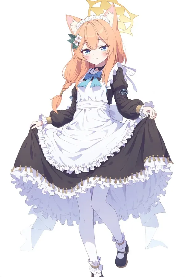 Ảnh iochi mari cute cô gái manga với mái tóc đỏ dài trong váy và tai mèo