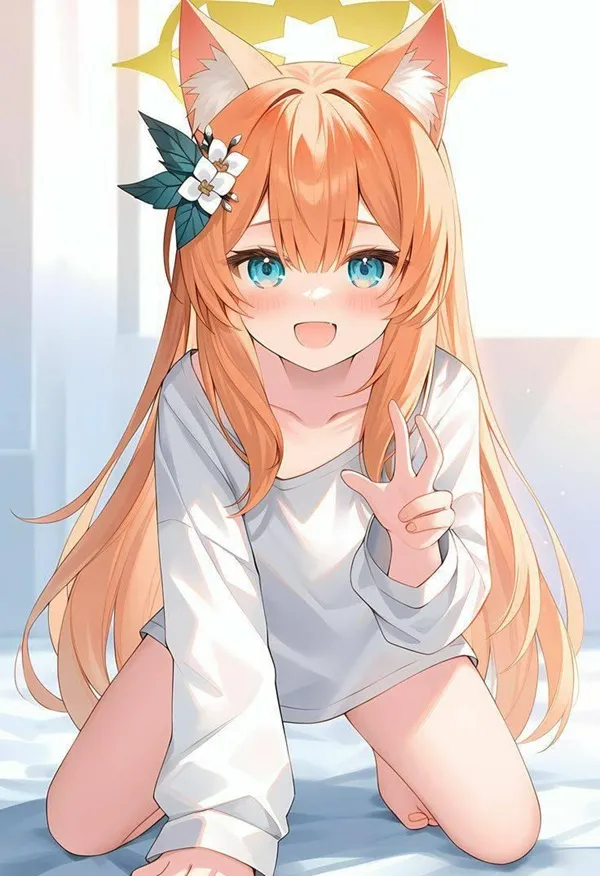 Ảnh iochi mari cute có một cô gái mái tóc dài và tai mèo ngồi xuống