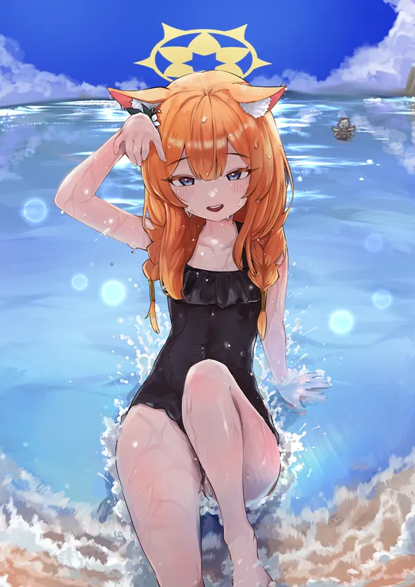 Ảnh iochi mari bikini cô gái anime mặc đồ bơi ngồi trên bãi biển bên cạnh đại dương