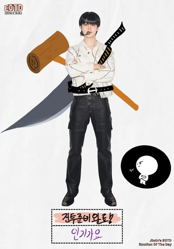 Ảnh jimin đời thường áp phích nhật bản của một người đàn ông với con dao lớn đứng cạnh kỷ lục và cái búa