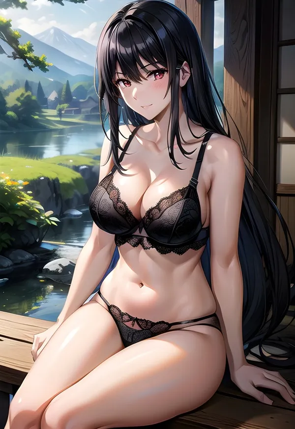 Ảnh kagenou claire sexy cô gái anime gợi cảm mặc đồ lót đen ngồi trên sàn gỗ bên bờ sông