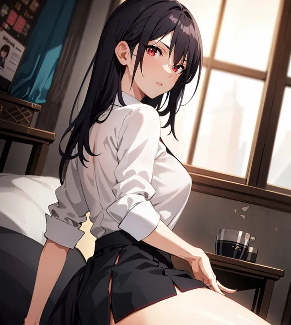 Ảnh kagenou claire sexy hình minh họa của một người phụ nữ mặc áo sơ mi trắng và váy đen ngồi trên giường