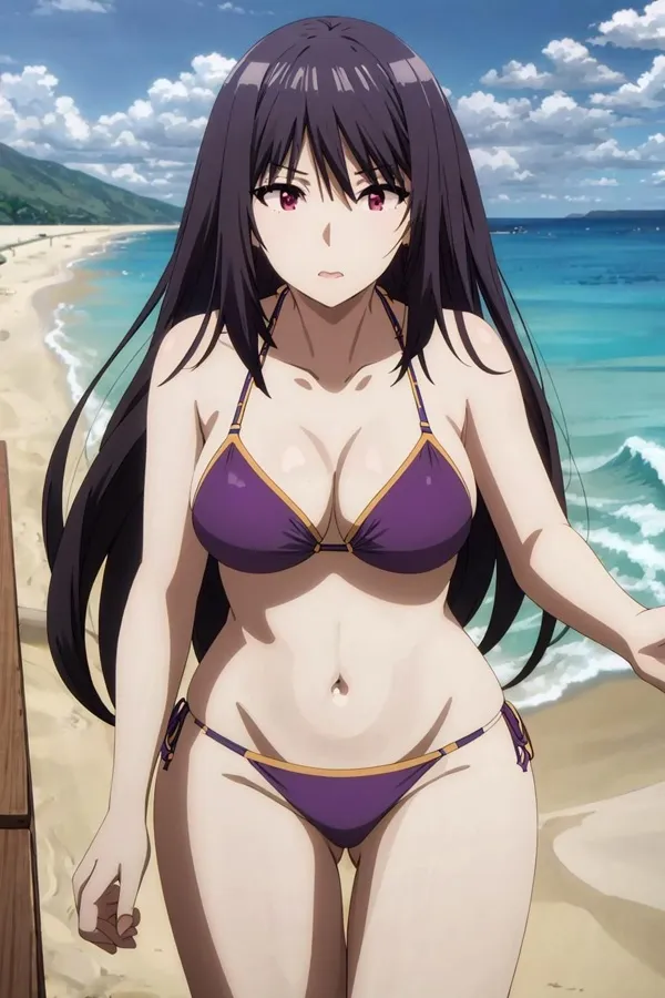 Ảnh kagenou claire sexy có một người phụ nữ mặc bikini màu tím đứng trên bãi biển