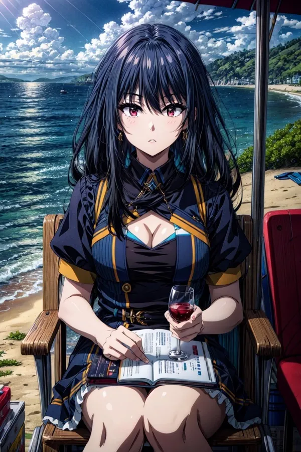 Kagenou claire sexy cô gái anime ngồi trên ghế bãi biển với một ly rượu vang tay
