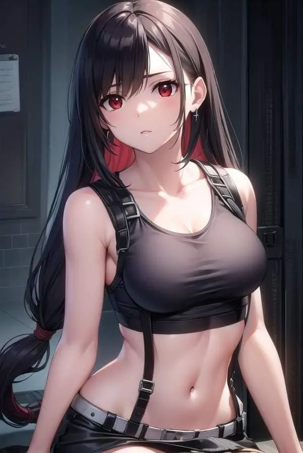 Ảnh kagenou claire sexy nhân vật anime nữ với mái tóc đen dài và đôi mắt đỏ ngồi trên gờ