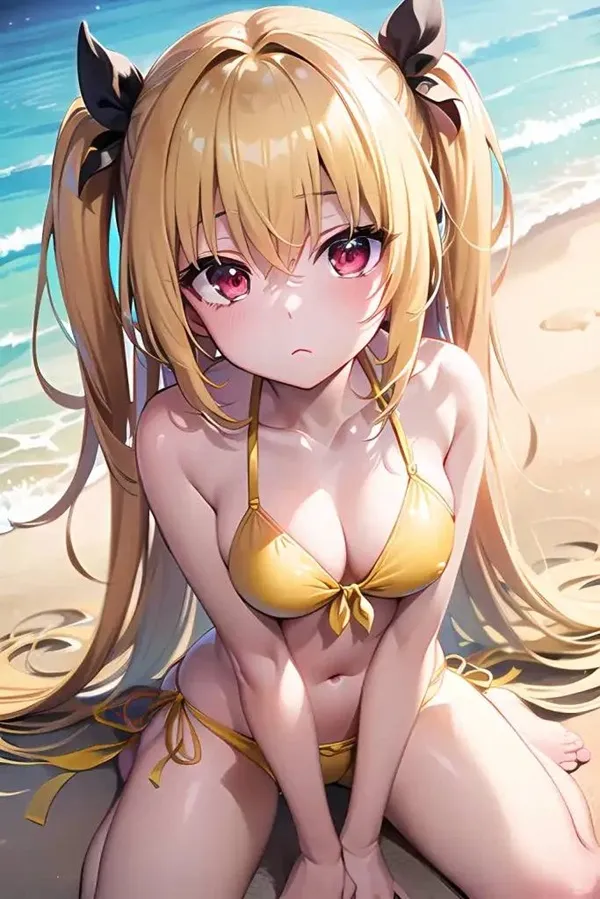 Ảnh konjiki no yami chibi cô gái anime gợi cảm trong bộ bikini ngồi trên bãi biển bên đại dương